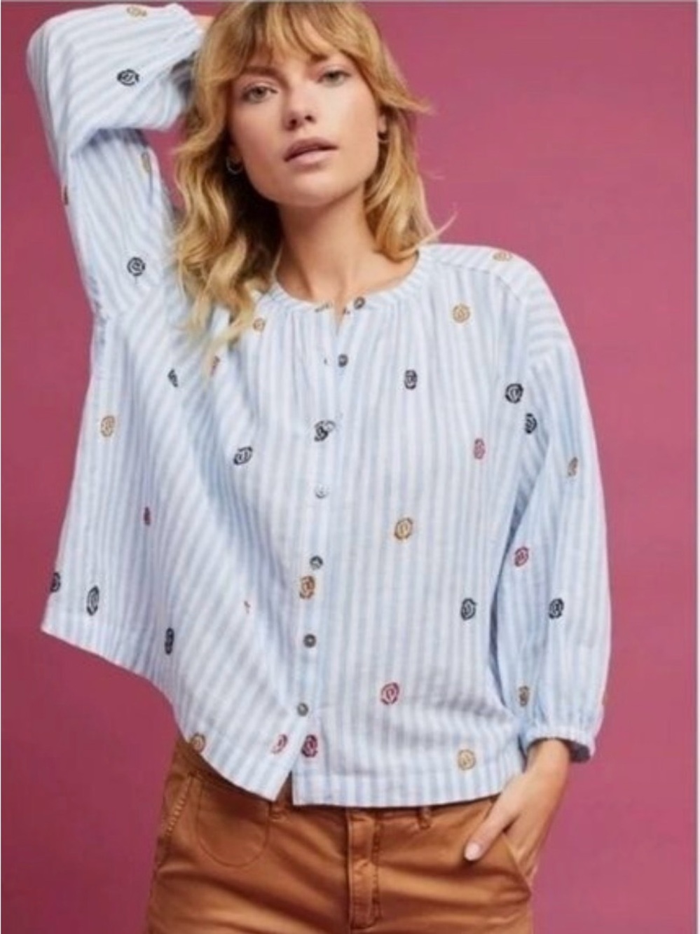 Anthropologie Akemi + Kin Cotton Blue & White Striped button up Blouse